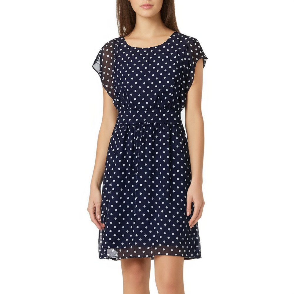 Anna-Ne Dress Womens Size S Dark Blue Polka Dot Shirred Waist Short Sleeve